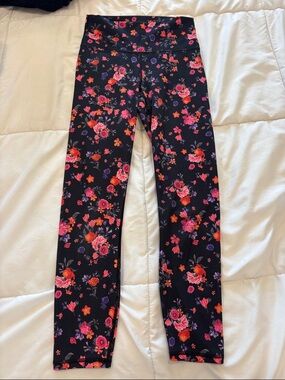 Fabletics Black Leggings with Pink, Red & Purple Floral Print